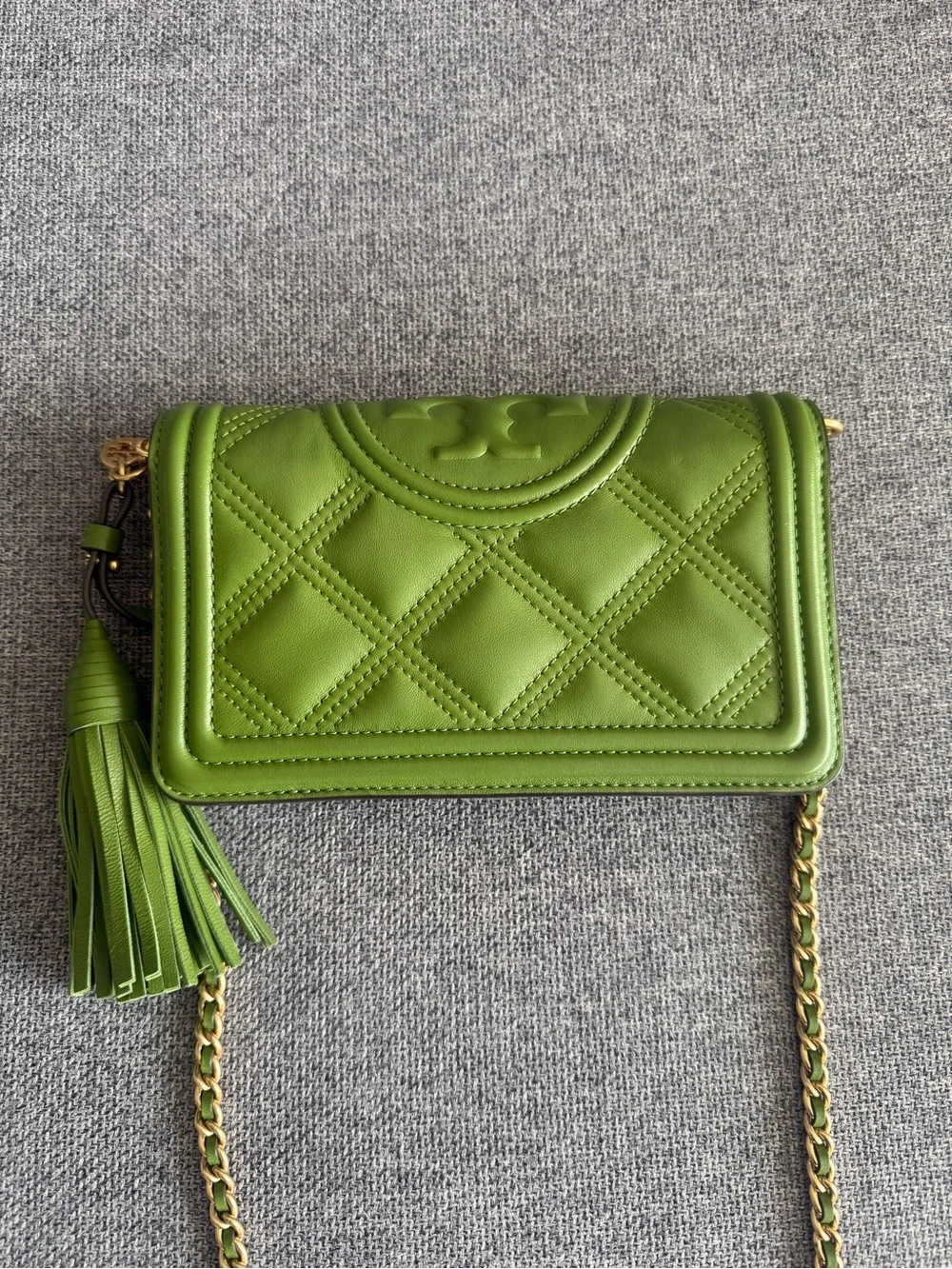 Tory Burch Olive Green Quilted Chain Crossbody with Tassel